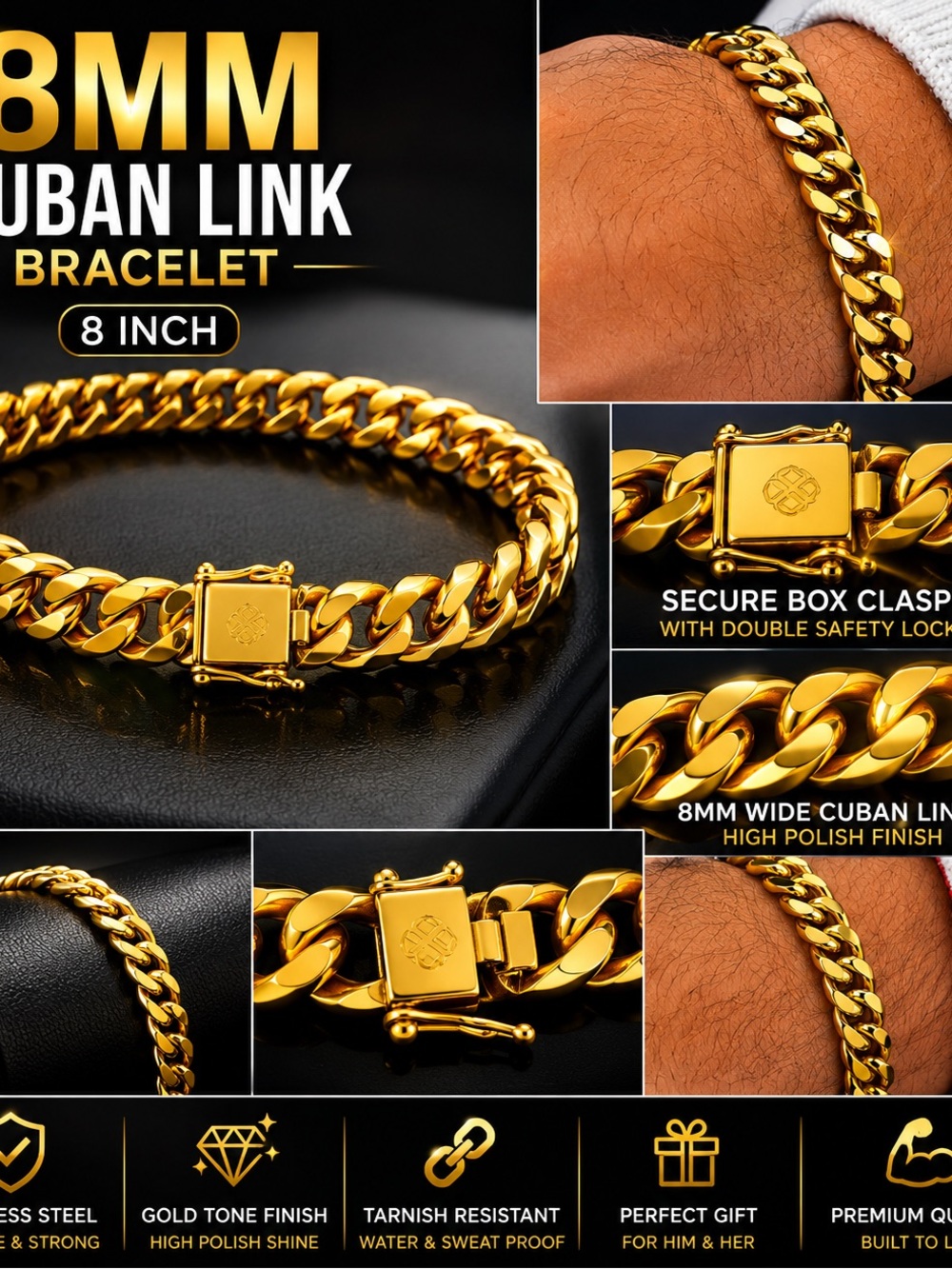 8mm Gold Cuban Link Bracelet for Men - 8 Inch